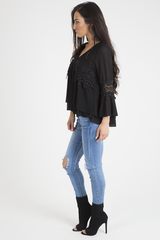 Black Crochet Detail Bell Sleeve Layered Top - Fiona-Tops
