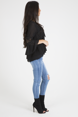 Black Crochet Detail Bell Sleeve Layered Top - Fiona-Tops