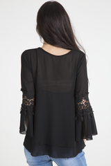 Black Crochet Detail Bell Sleeve Layered Top - Fiona-Tops