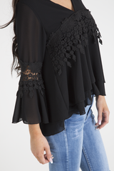 Black Crochet Detail Bell Sleeve Layered Top - Fiona-Tops