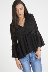 Black Crochet Detail Bell Sleeve Layered Top - Fiona-Tops