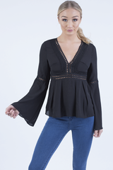 Black Crochet Detail Bell Sleeve Top - Catrina-Tops