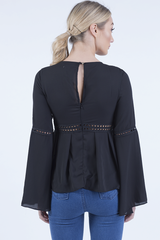 Black Crochet Detail Bell Sleeve Top - Catrina-Tops