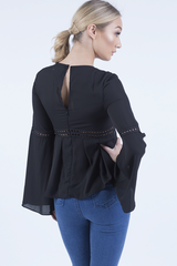 Black Crochet Detail Bell Sleeve Top - Catrina-Tops