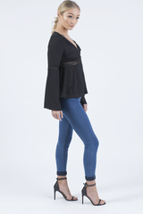 Black Crochet Detail Bell Sleeve Top - Catrina-Tops