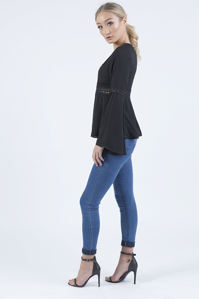 Black Crochet Detail Bell Sleeve Top - Catrina-Tops
