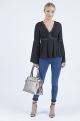 Black Crochet Detail Bell Sleeve Top - Catrina-Tops