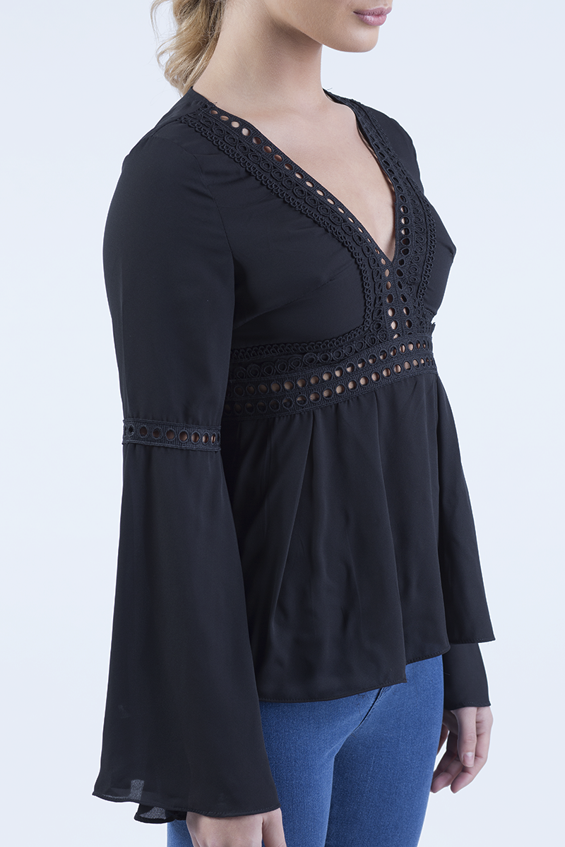 Black Crochet Detail Bell Sleeve Top - Catrina-Tops