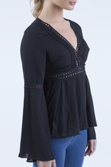 Black Crochet Detail Bell Sleeve Top - Catrina-Tops