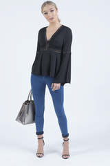 Black Crochet Detail Bell Sleeve Top - Catrina-Tops