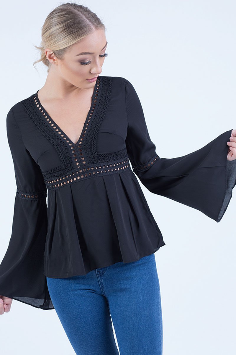 Black Crochet Detail Bell Sleeve Top - Catrina-Tops