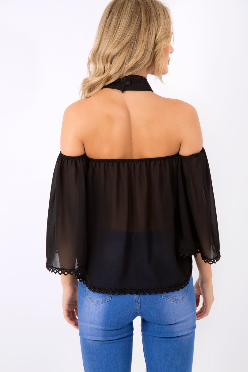 Black Crochet Front Halter Neck Top - Lacie-Tops