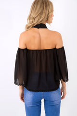 Black Crochet Front Halter Neck Top - Lacie-Tops