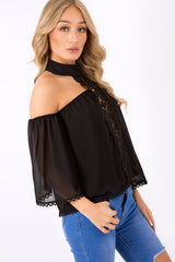 Black Crochet Front Halter Neck Top - Lacie-Tops