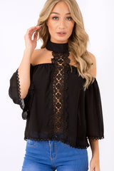Black Crochet Front Halter Neck Top - Lacie-Tops