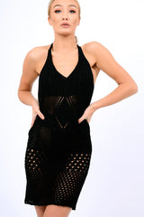 Black Crochet Halter Neck Dress - Lorena-Dresses