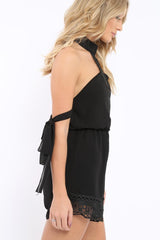 Black Crochet Halter Neck Tie Sleeve Playsuit - Leanne-Playsuits