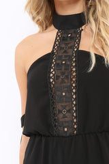 Black Crochet Halter Neck Tie Sleeve Playsuit - Leanne-Playsuits