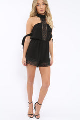 Black Crochet Halter Neck Tie Sleeve Playsuit - Leanne-Playsuits