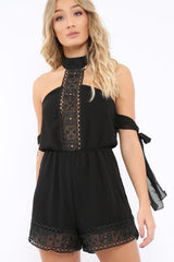 Black Crochet Halter Neck Tie Sleeve Playsuit - Leanne-Playsuits