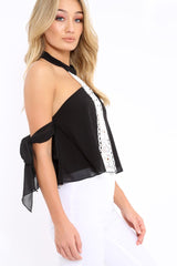 Black Crochet Halter Neck Tie Sleeve Top - Louisa-Tops