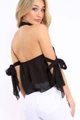 Black Crochet Halter Neck Tie Sleeve Top - Louisa-Tops