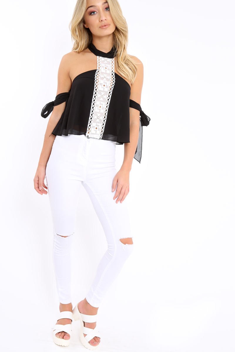 Black Crochet Halter Neck Tie Sleeve Top - Louisa-Tops