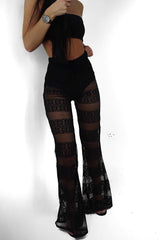 Black Crochet Knicker Flared Trousers - Epsie-Trousers