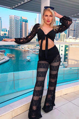 Black Crochet Knicker Flared Trousers - Epsie-Trousers