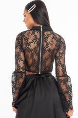Black Crochet Lace Bell Sleeve Crop Top - Taylor-Crop Tops
