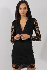 Black Crochet Lace Plunge Dress - Adora-Dresses