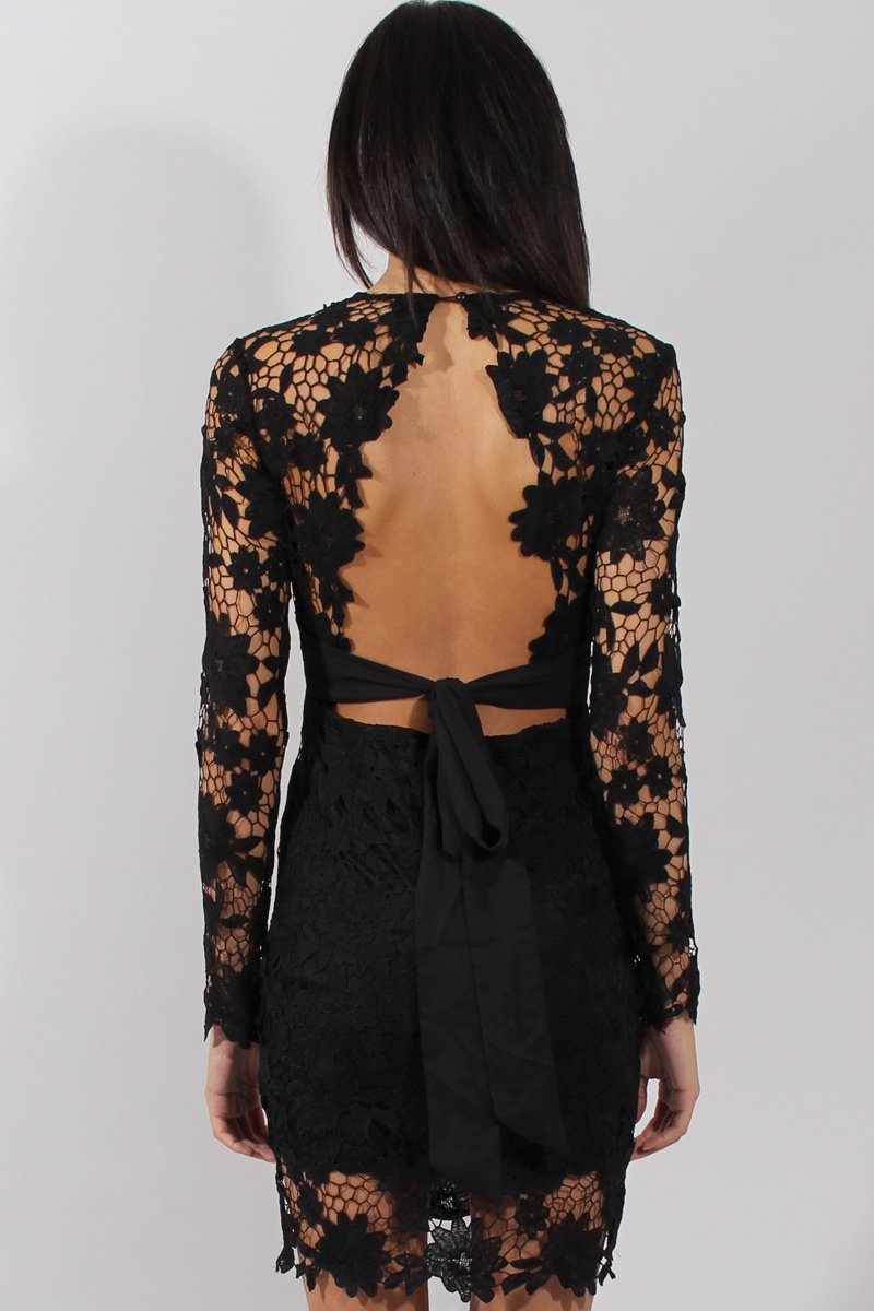 Black Crochet Lace Plunge Dress - Adora-Dresses