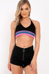 Black Crochet Multi Hem Halterneck Crop Top - Aby-Tops