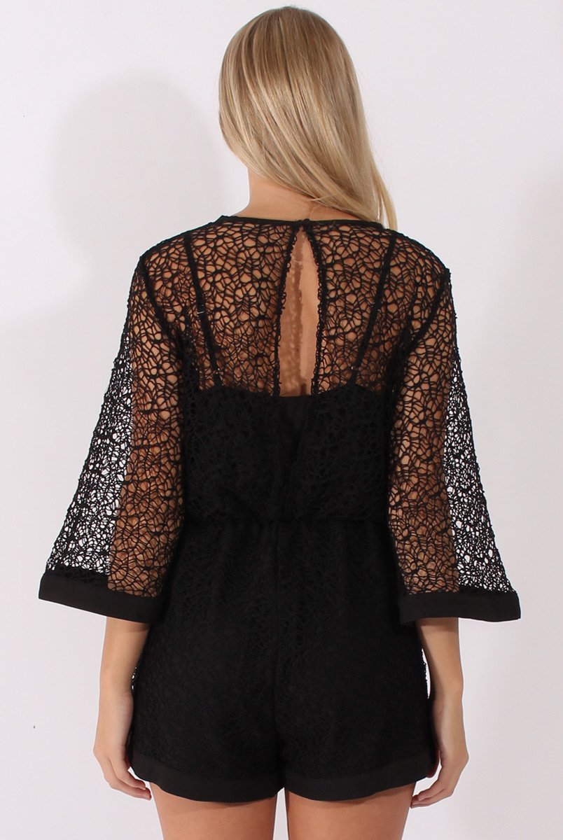 Black Crochet Overlay Playsuit - Philomena-Playsuits