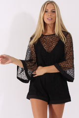 Black Crochet Overlay Playsuit - Philomena-Playsuits
