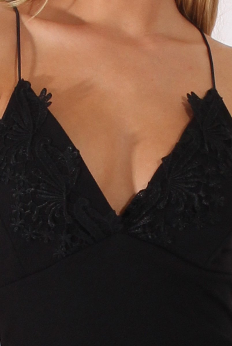 Black Crochet Trim Plunge Bodycon Dress - Buffy-Dresses
