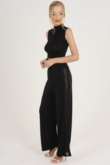 Black Crochet Trim Wide Leg Co-ord - Devlin-Co-ords