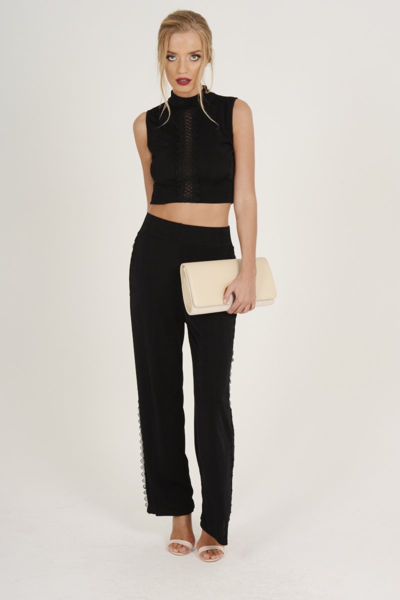 Black Crochet Trim Wide Leg Co-ord - Devlin-Co-ords