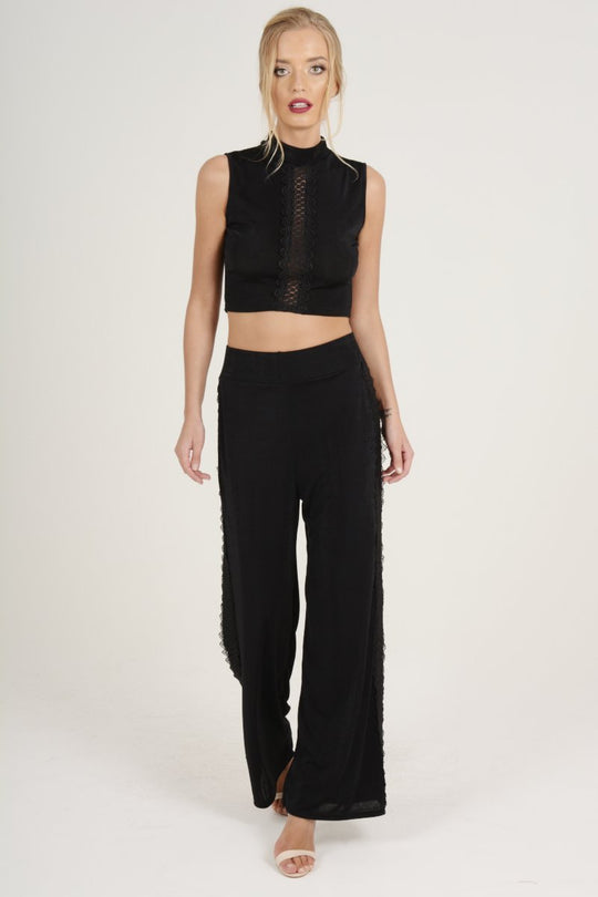 Black Crochet Trim Wide Leg Co-ord - Devlin
