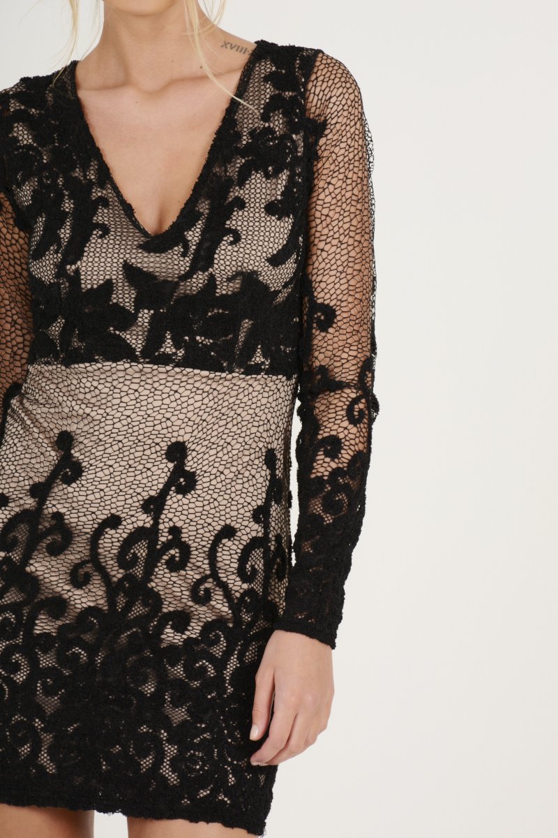 Black Crochet V Neck Mini Dress - Tinashe-Dresses