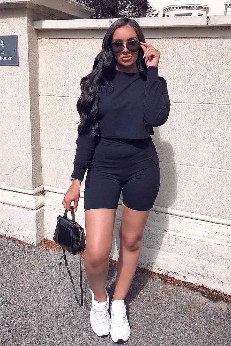 Black Crop Top And Shorts Co-ord Set - Fina-Co-ords