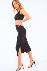 Black Crop Top And Split Hem Midi Skirt Co-ord - Daley-Co-ords