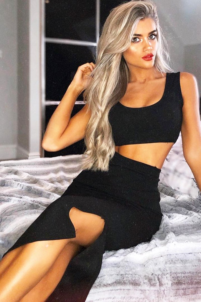 Black Crop Top And Split Hem Midi Skirt Co-ord - Daley-Co-ords