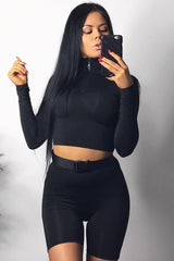 Black Crop Top Cycling Shorts Co-Ord - Cleo-Co-ords
