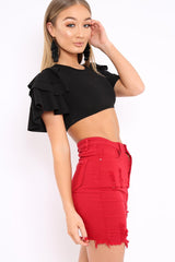 Black Crop Top Frill Arms - Jameila-Tops