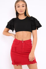 Black Crop Top Frill Arms - Jameila-Tops