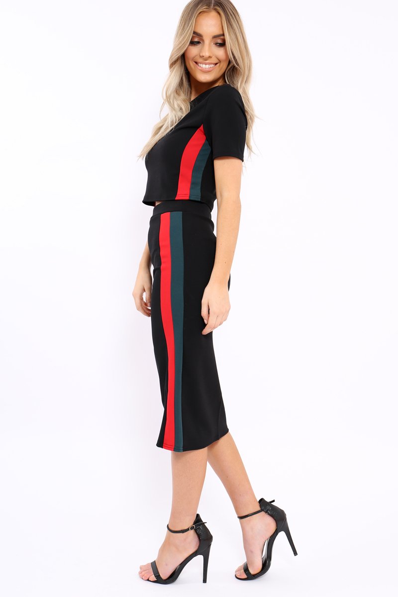 Black Crop Top and Skirt Sports Trim Co-ord - Phillipa-Co-ords