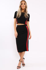 Black Crop Top and Skirt Sports Trim Co-ord - Phillipa-Co-ords