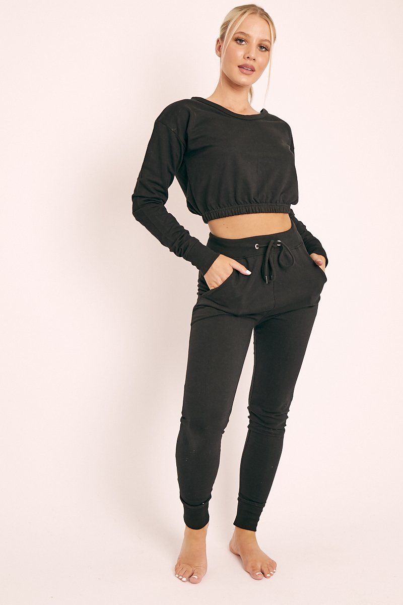 Black Crop Top and Slim Jogger Loungewear Co-ord Set - Suzy-Loungewear