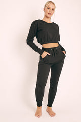 Black Crop Top and Slim Jogger Loungewear Co-ord Set - Suzy-Loungewear